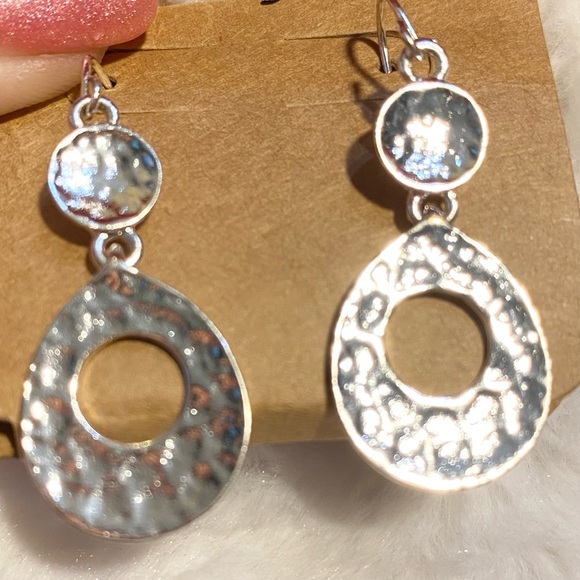 Hammered Silver Circle Drop Hook Earrings - Picture 2 of 4